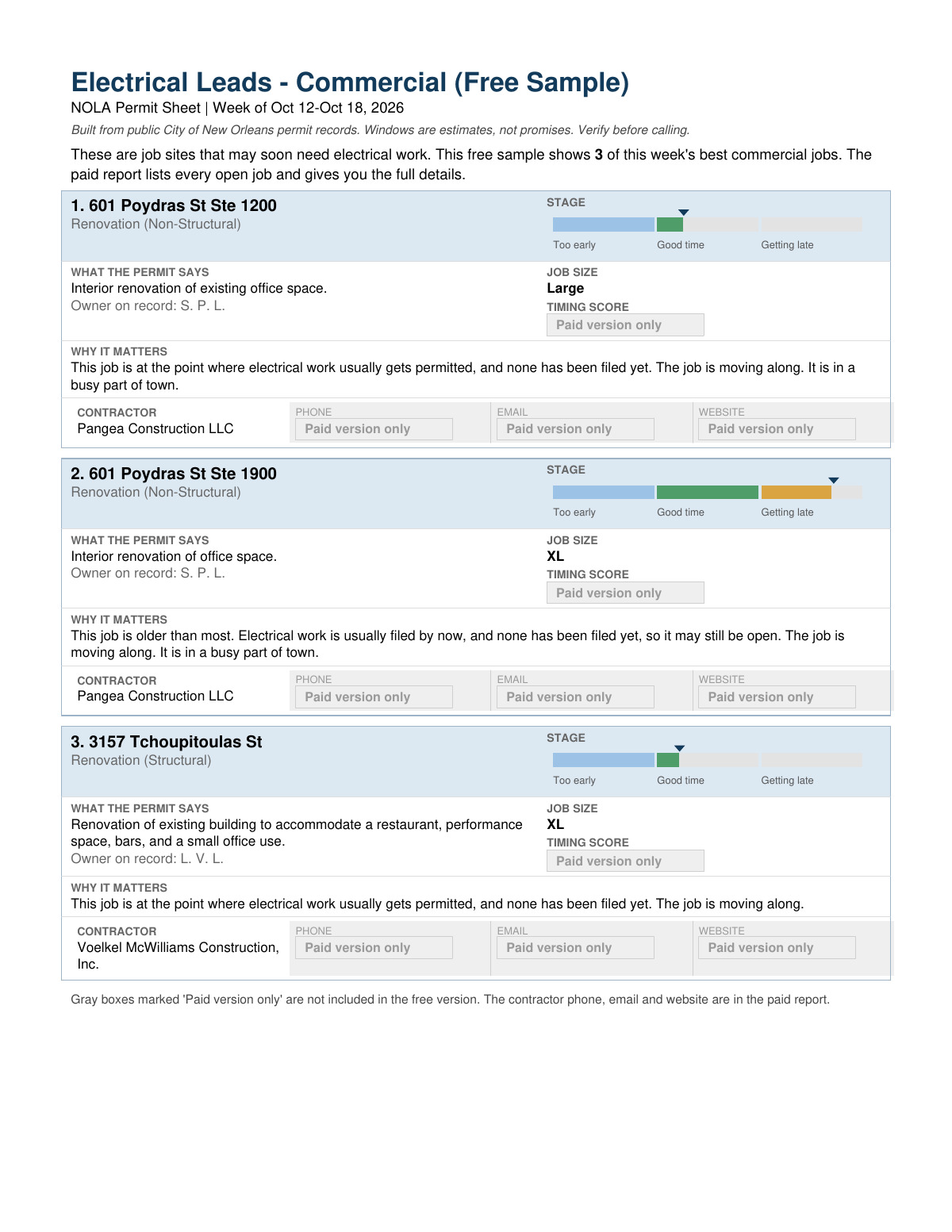 Free sample, page 1. Electrical commercial leads for the week of Oct 12–18, 2026.